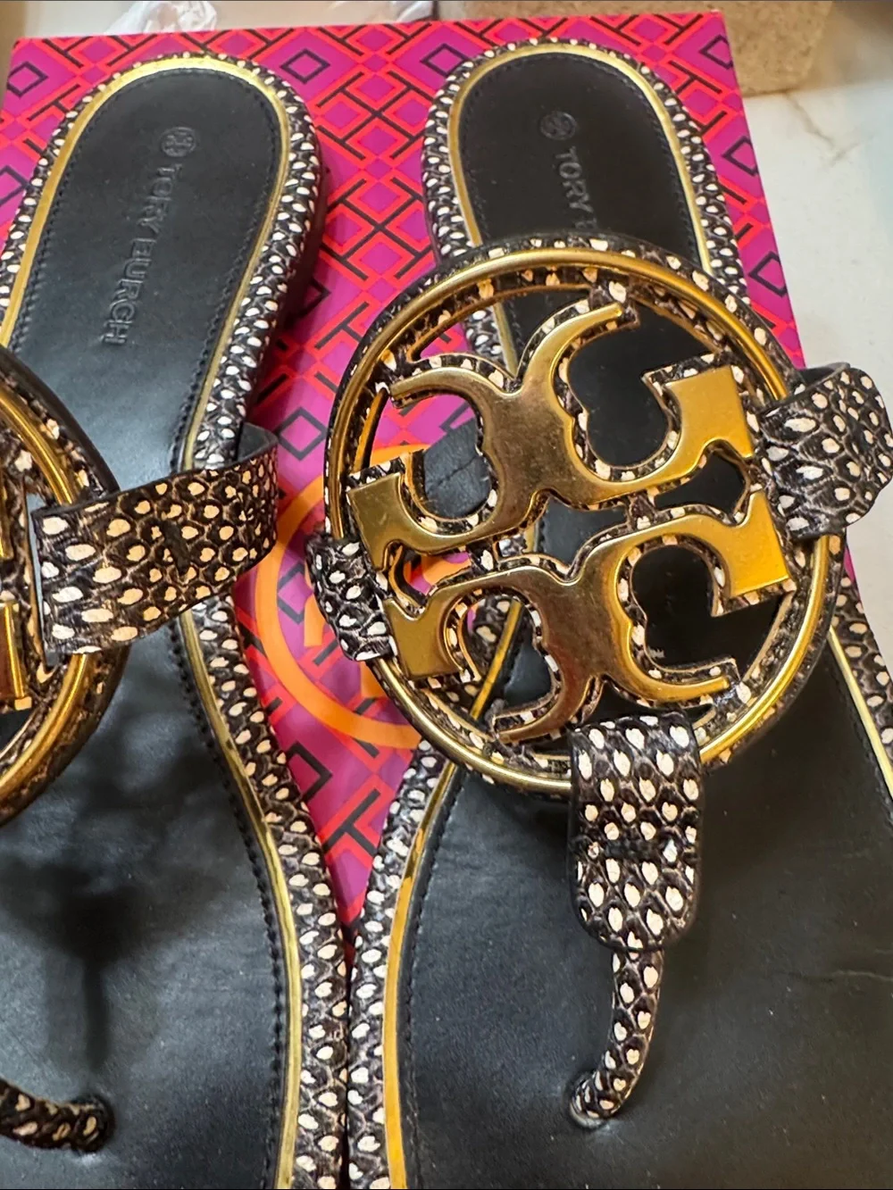 Tory Burch Black & Gold Logo Thong Sandals with Patterned Trim